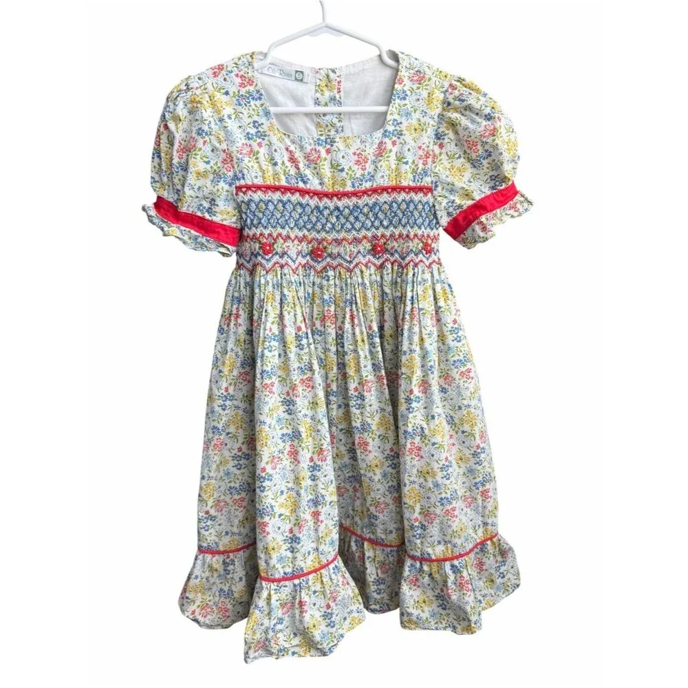 Oli River Floral Smocked Dress Girls Size 5 Cottagecore Puff Sleeve Ruffle Hem